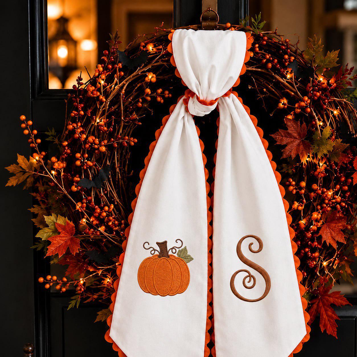 Wreath Sash For Thanksgiving Decor With Embroidered Pumpkin Monogram Bow And Orange Stripe Door Hanger Ribbon Personalized Fall - photo 2
