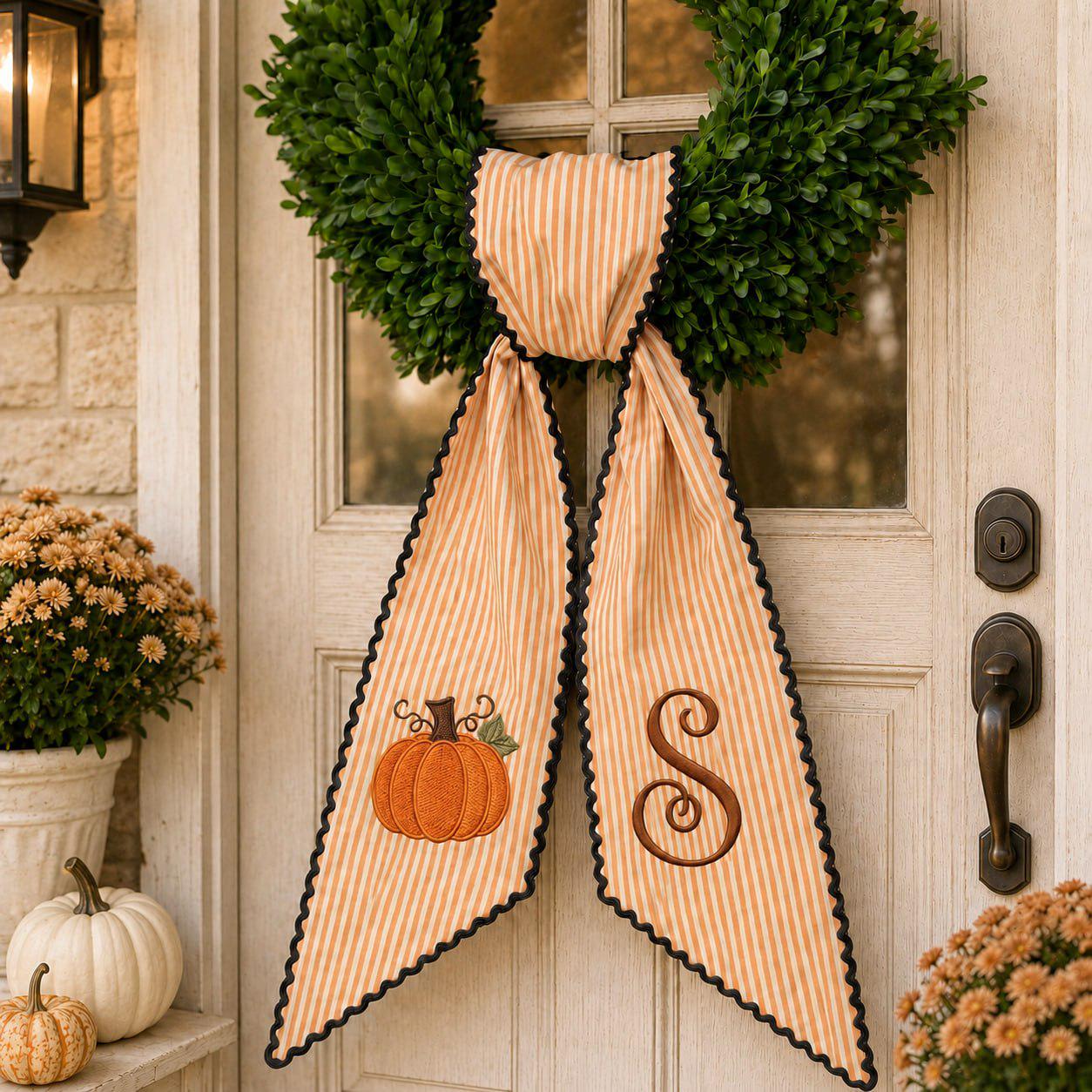 Wreath Sash For Thanksgiving Decor With Embroidered Pumpkin Monogram Bow And Orange Stripe Door Hanger Ribbon Personalized Fall - photo 3