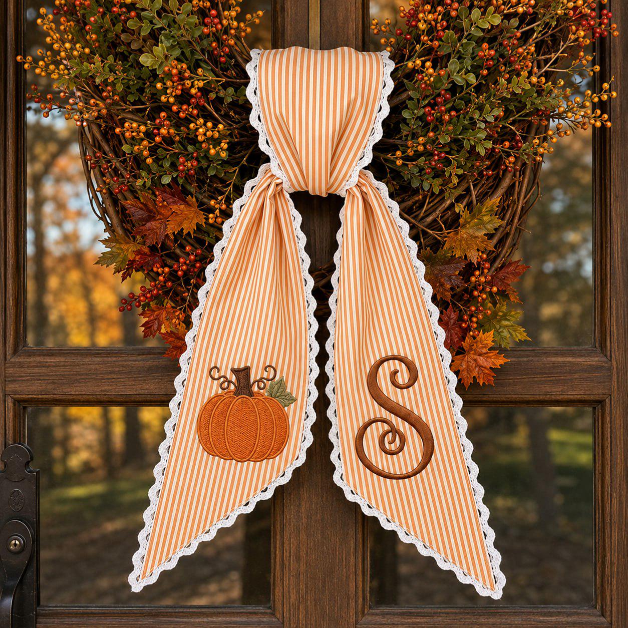 Wreath Sash For Thanksgiving Decor With Embroidered Pumpkin Monogram Bow And Orange Stripe Door Hanger Ribbon Personalized Fall - photo 4