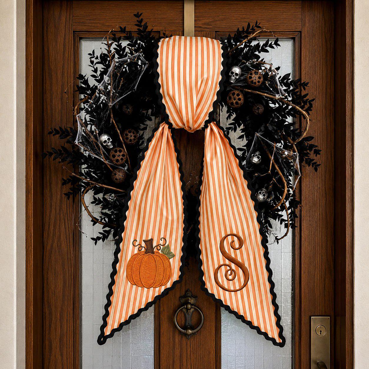 Wreath Sash For Thanksgiving Decor With Embroidered Pumpkin Monogram Bow And Orange Stripe Door Hanger Ribbon Personalized Fall - photo 8