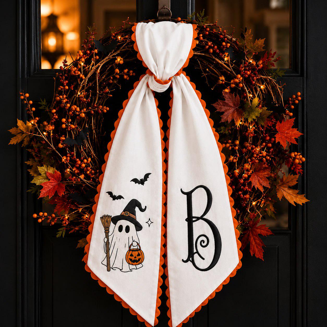 Wreath Sash For Spooky Fall Porch Decor With Personalized Ghost Monogram Bow And Orange Stripe Door Ribbon Embroidered Halloween