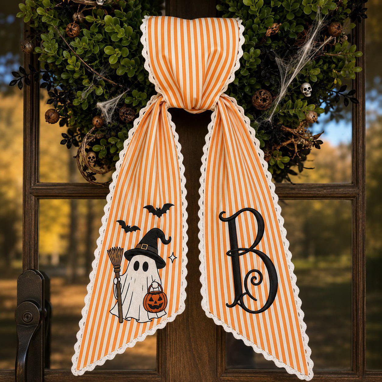 Wreath Sash For Spooky Fall Porch Decor With Personalized Ghost Monogram Bow And Orange Stripe Door Ribbon Embroidered Halloween - photo 2