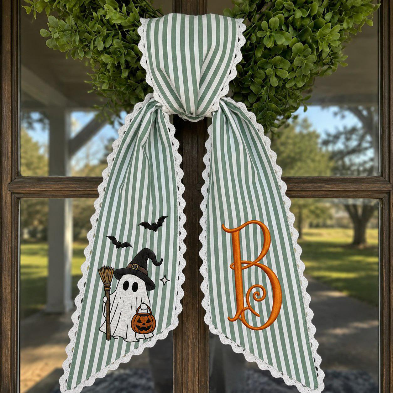 Wreath Sash For Spooky Fall Porch Decor With Personalized Ghost Monogram Bow And Orange Stripe Door Ribbon Embroidered Halloween - photo 3