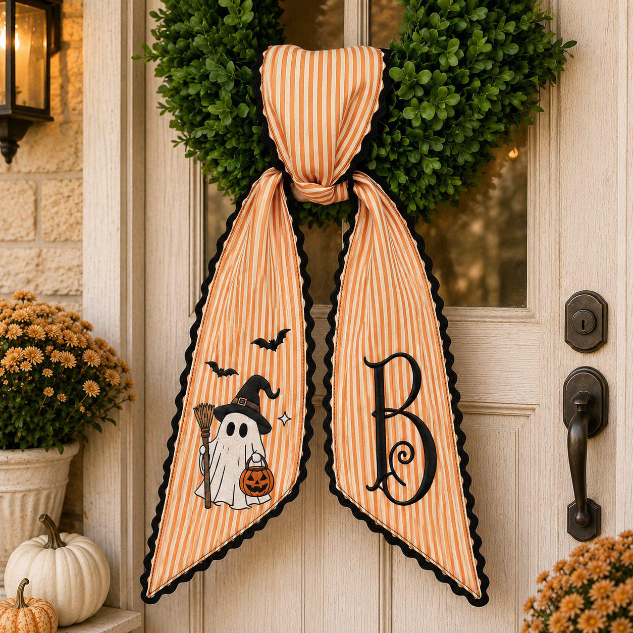 Wreath Sash For Spooky Fall Porch Decor With Personalized Ghost Monogram Bow And Orange Stripe Door Ribbon Embroidered Halloween - photo 7