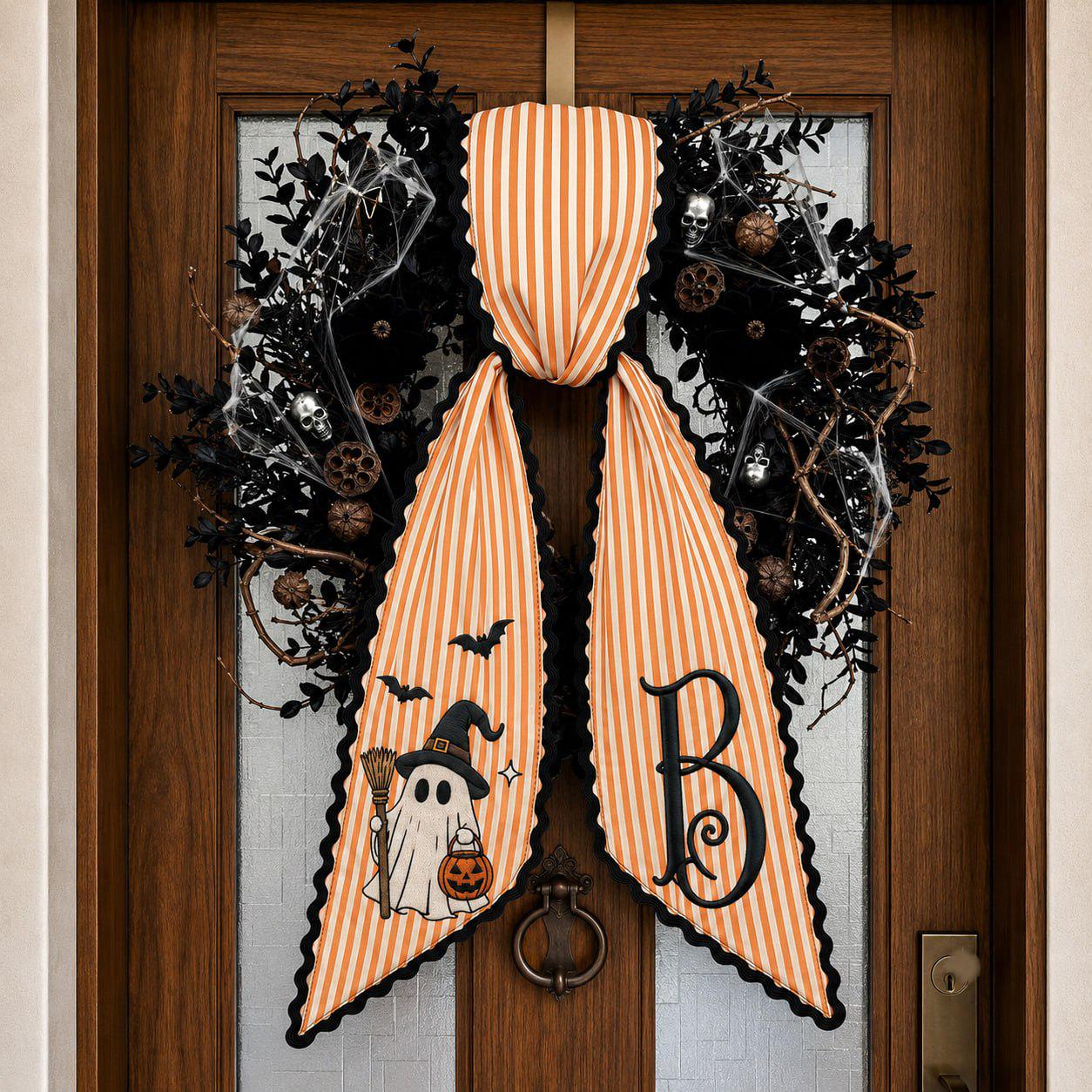 Wreath Sash For Spooky Fall Porch Decor With Personalized Ghost Monogram Bow And Orange Stripe Door Ribbon Embroidered Halloween - photo 8