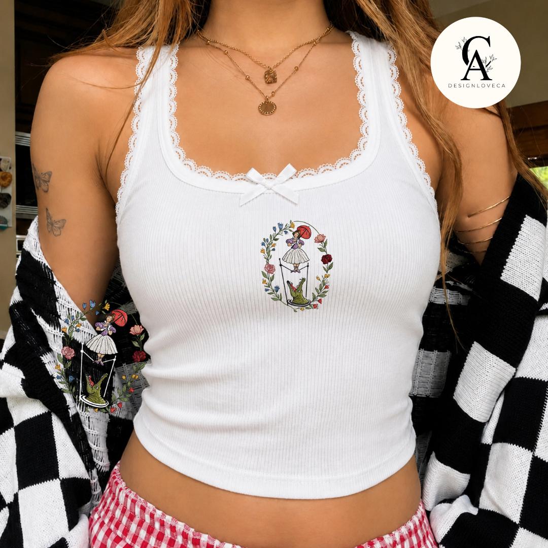 Embroidered Floral Haunted Mansion Tightrope Walker Girl Disney Halloween Baby Tee Crop Lace Trim Tank and Sweatshirt