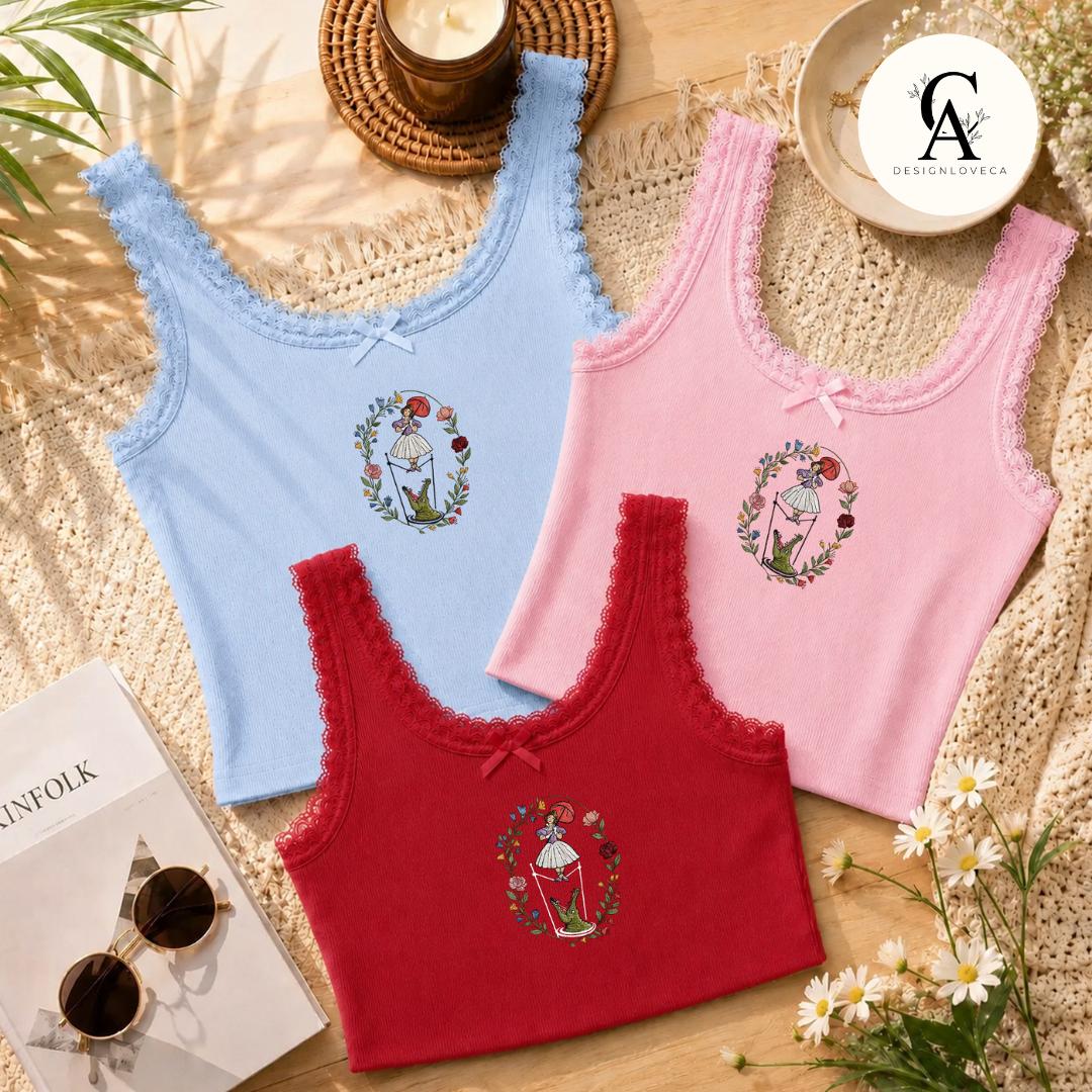 Embroidered Floral Haunted Mansion Tightrope Walker Girl Disney Halloween Baby Tee Crop Lace Trim Tank and Sweatshirt - photo 2