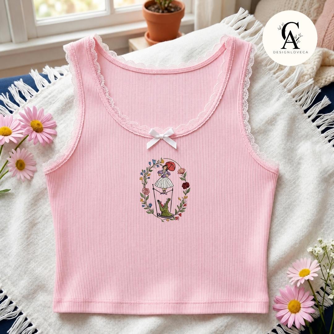 Embroidered Floral Haunted Mansion Tightrope Walker Girl Disney Halloween Baby Tee Crop Lace Trim Tank and Sweatshirt - photo 3