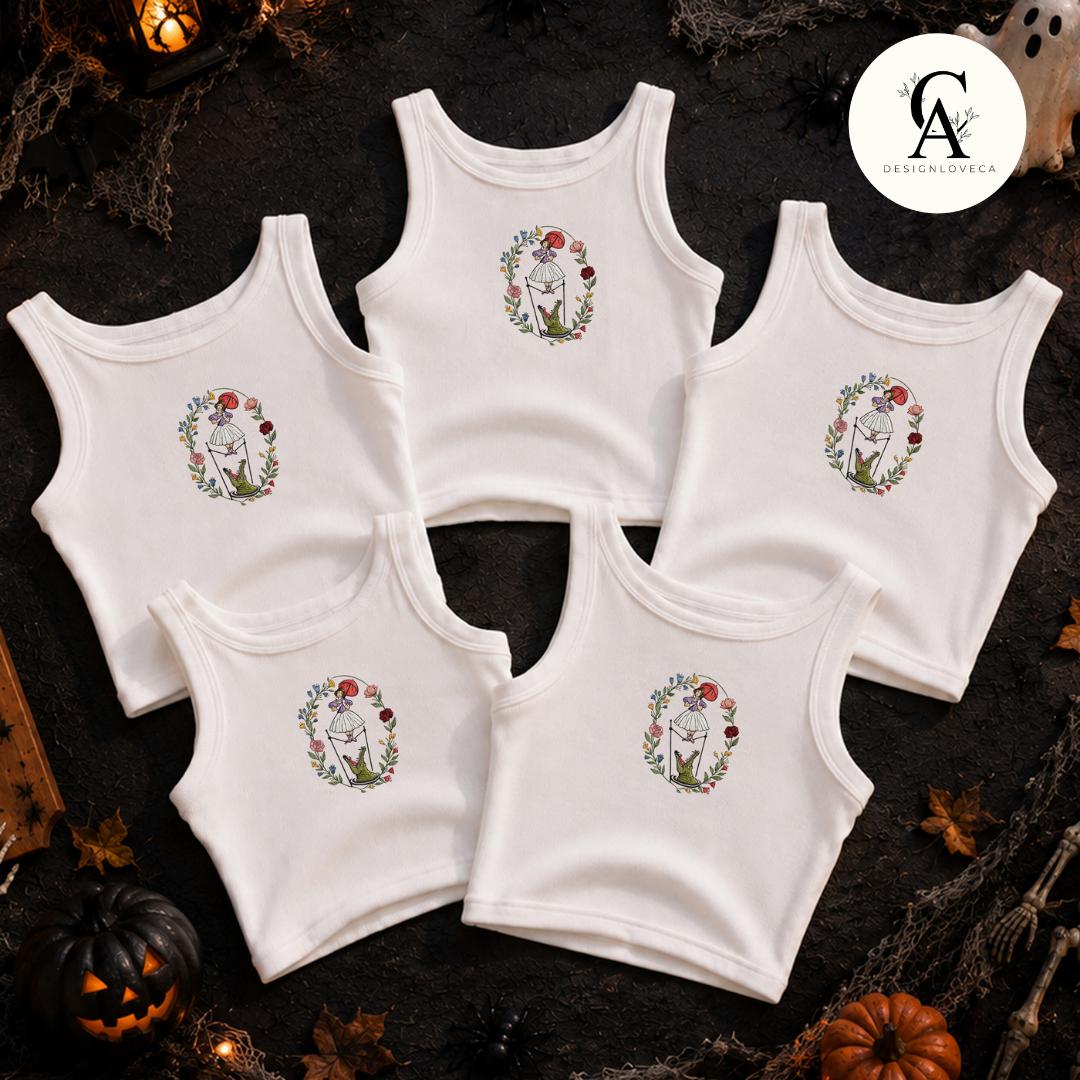Embroidered Floral Haunted Mansion Tightrope Walker Girl Disney Halloween Baby Tee Crop Lace Trim Tank and Sweatshirt - photo 7