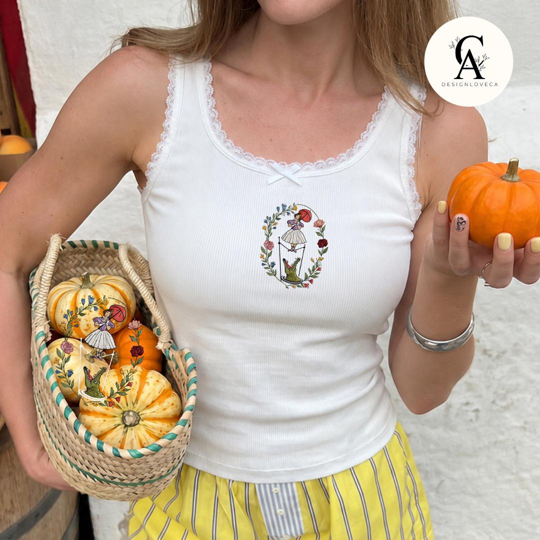 Embroidered Floral Haunted Mansion Tightrope Walker Girl Disney Halloween Baby Tee Crop Lace Trim Tank and Sweatshirt - photo 9