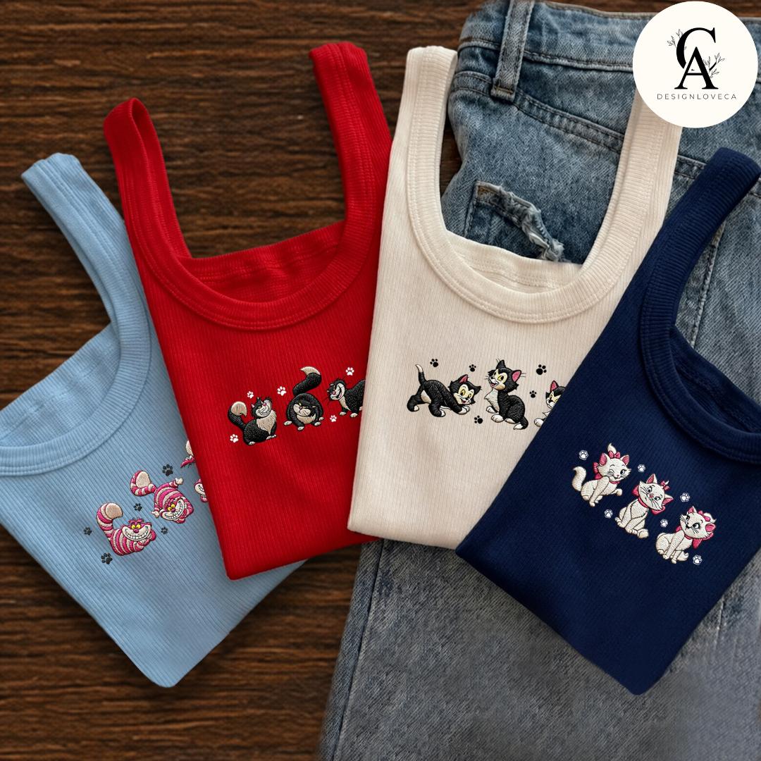 Embroidered Disney Cat Baby Tee Crop Lace Trim Tank and Sweatshirt With Aristocats Marie Figaro Cheshire for Cat Lovers Mom and Dad