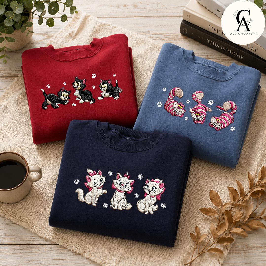 Embroidered Disney Cat Baby Tee Crop Lace Trim Tank and Sweatshirt With Aristocats Marie Figaro Cheshire for Cat Lovers Mom and Dad - photo 3