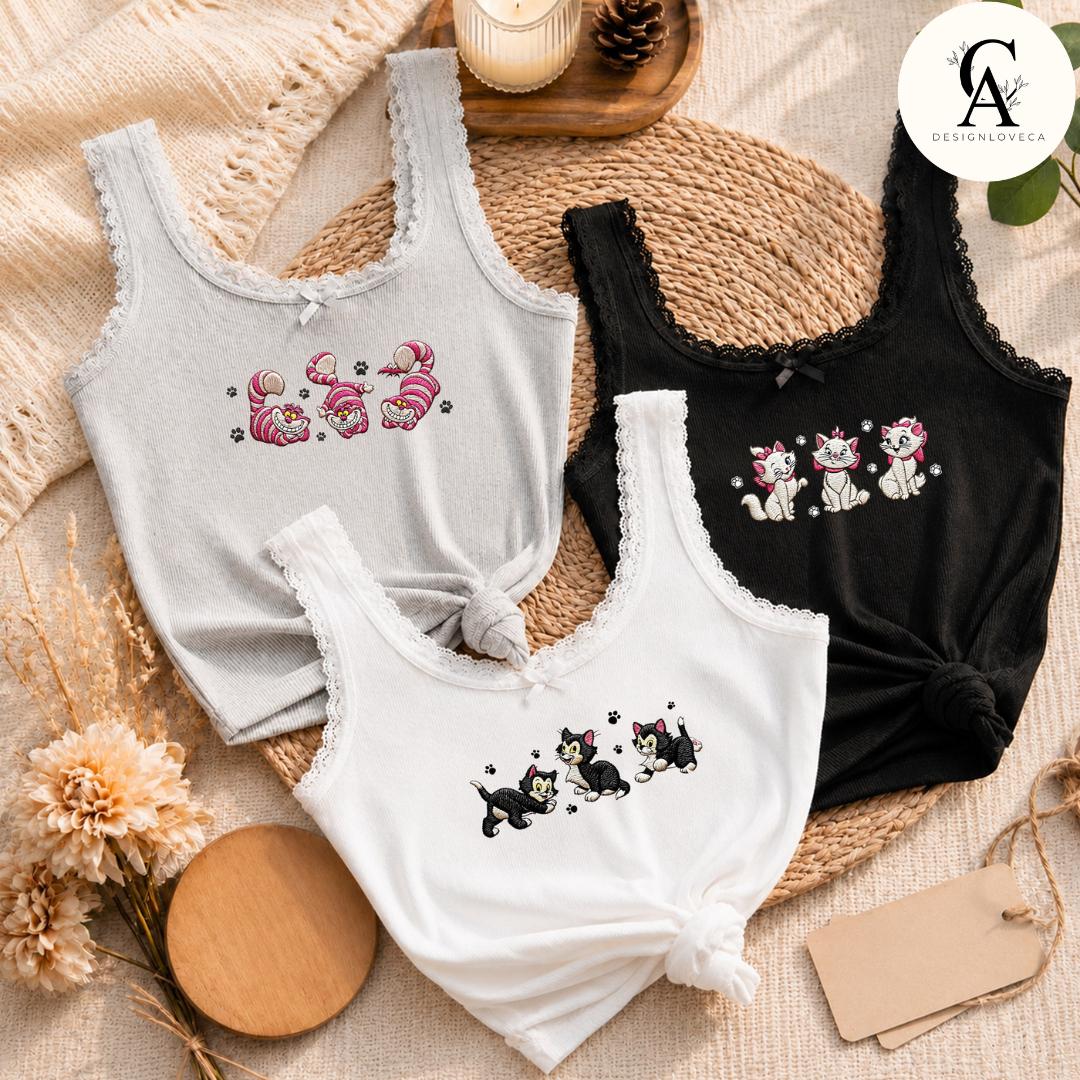 Embroidered Disney Cat Baby Tee Crop Lace Trim Tank and Sweatshirt With Aristocats Marie Figaro Cheshire for Cat Lovers Mom and Dad - photo 7