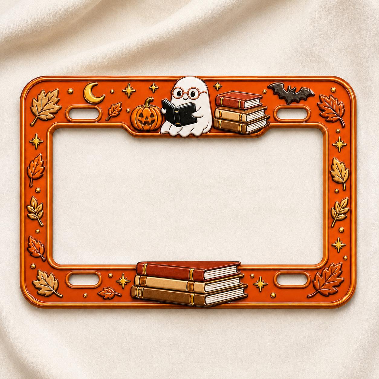 Car Tag Frame For Spooky Reader Auto Accessory With Cute Ghost Reading Book License Plate And Halloween Book Lover