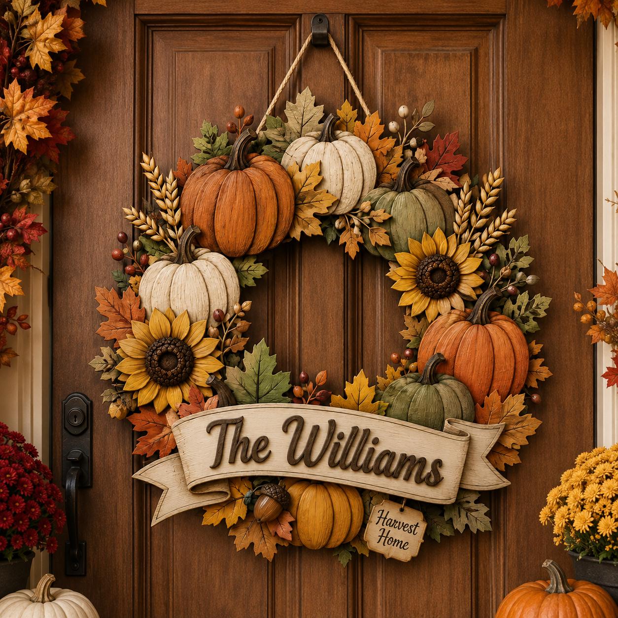 Personalized Fall Wreath Door Hanger with Custom Family Name Pumpkin Sunflower Sign for Harvest Home Porch Decor