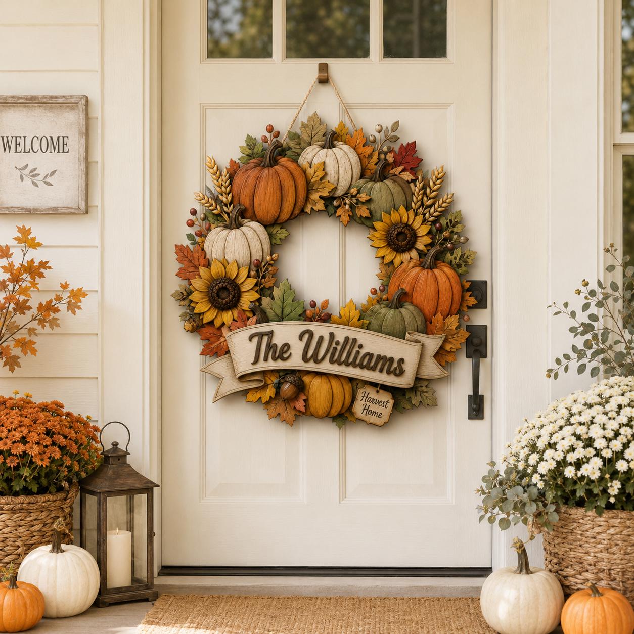 Personalized Fall Wreath Door Hanger with Custom Family Name Pumpkin Sunflower Sign for Harvest Home Porch Decor - photo 2