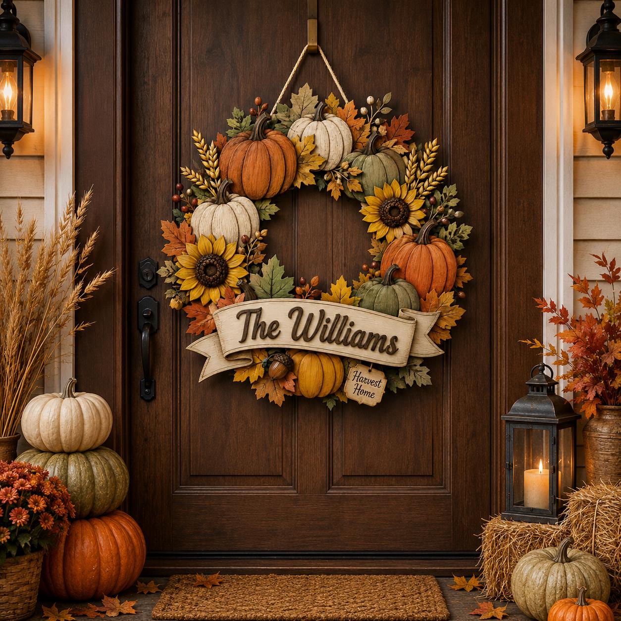 Personalized Fall Wreath Door Hanger with Custom Family Name Pumpkin Sunflower Sign for Harvest Home Porch Decor - photo 3