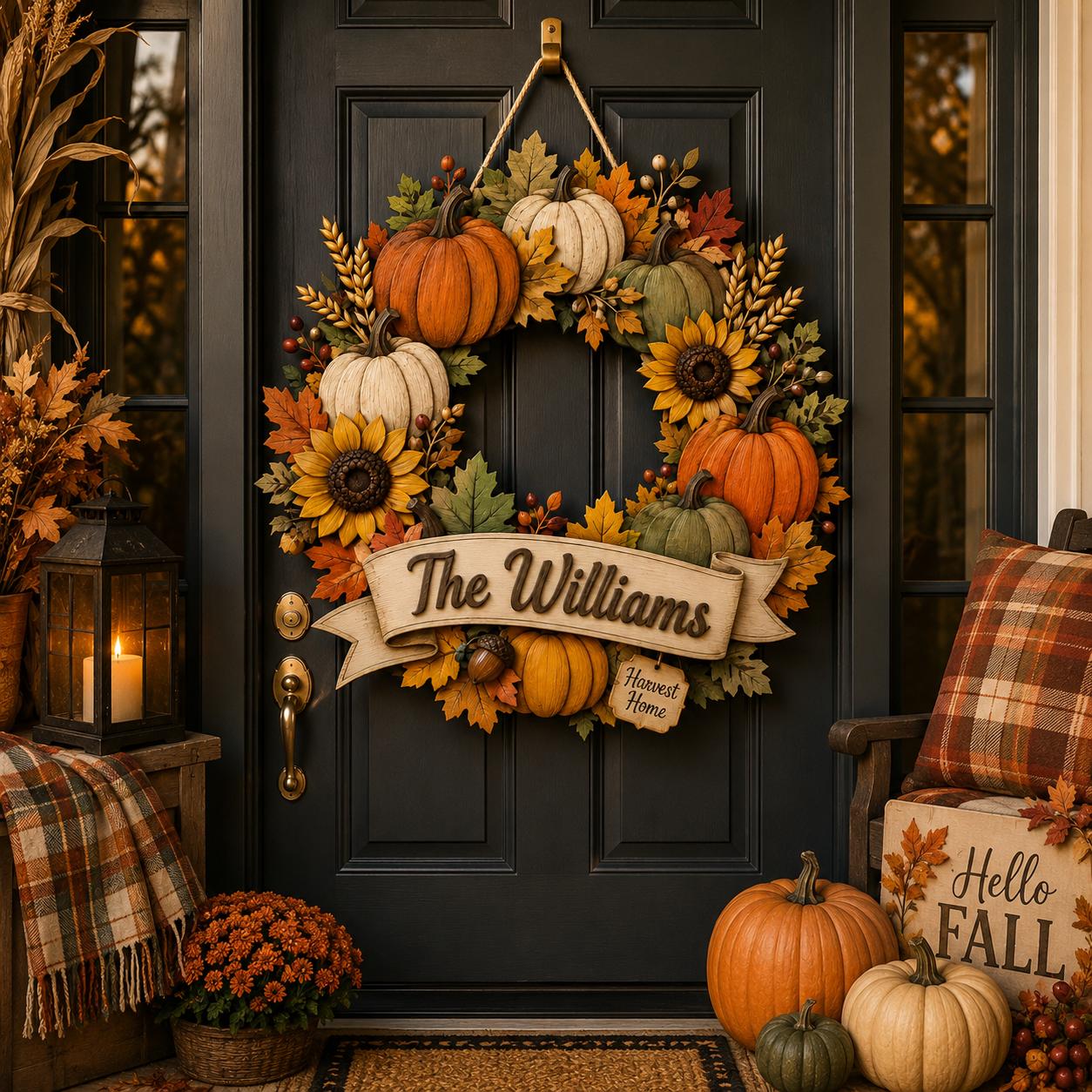 Personalized Fall Wreath Door Hanger with Custom Family Name Pumpkin Sunflower Sign for Harvest Home Porch Decor - photo 5