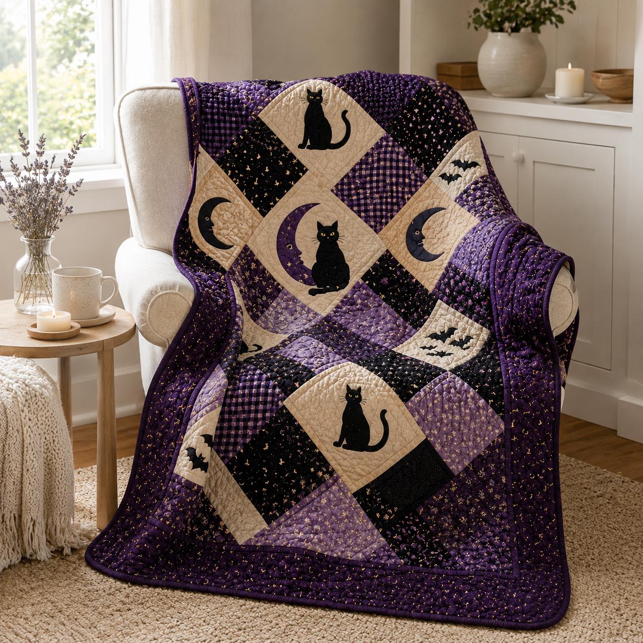 Blanket For Cozy Farmhouse Autumn Decor With Witchy Black Cat Throw And Vintage Gothic Fall Bedding Halloween Ghost Pumpkin Patchwork Quilted Style