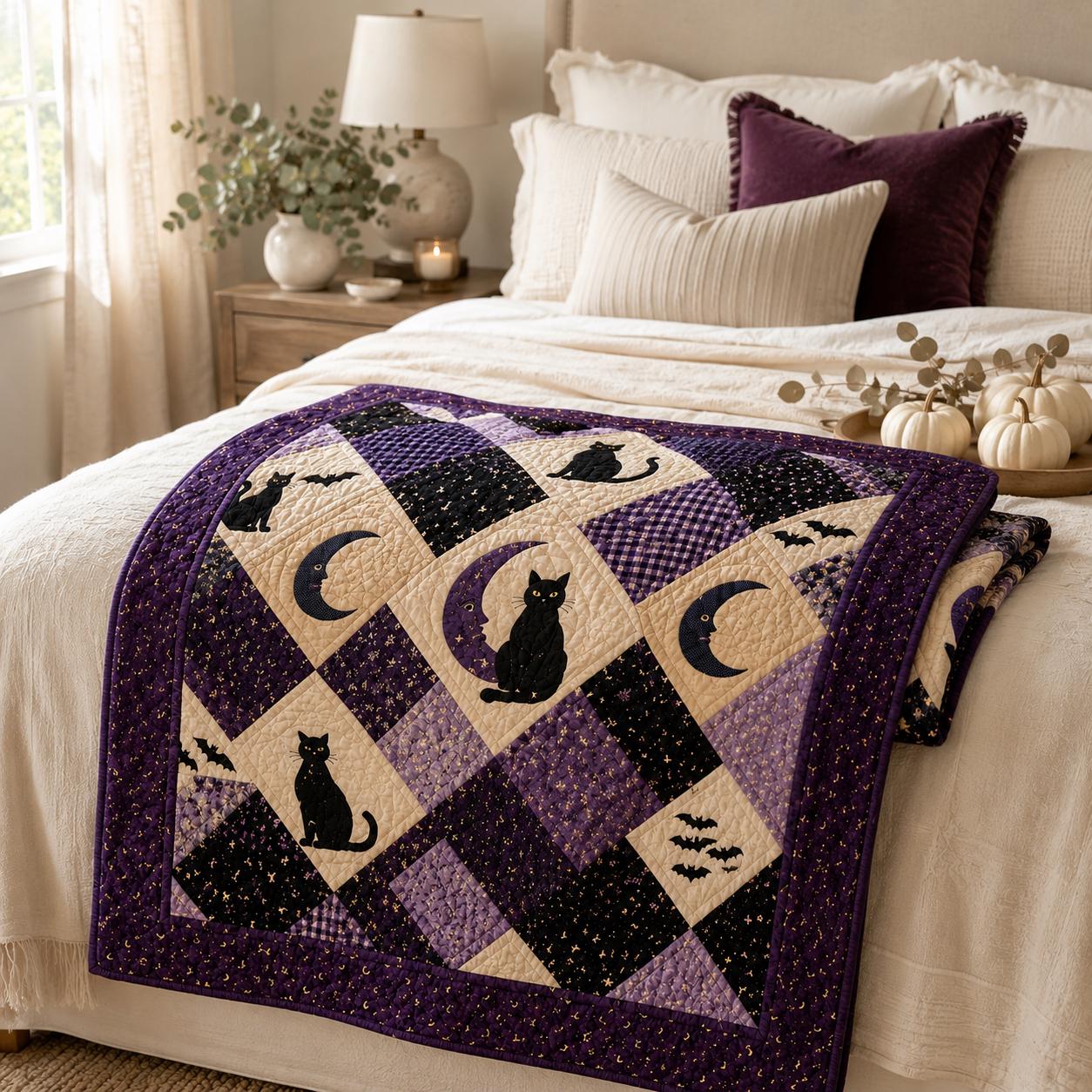 Blanket For Cozy Farmhouse Autumn Decor With Witchy Black Cat Throw And Vintage Gothic Fall Bedding Halloween Ghost Pumpkin Patchwork Quilted Style - photo 2