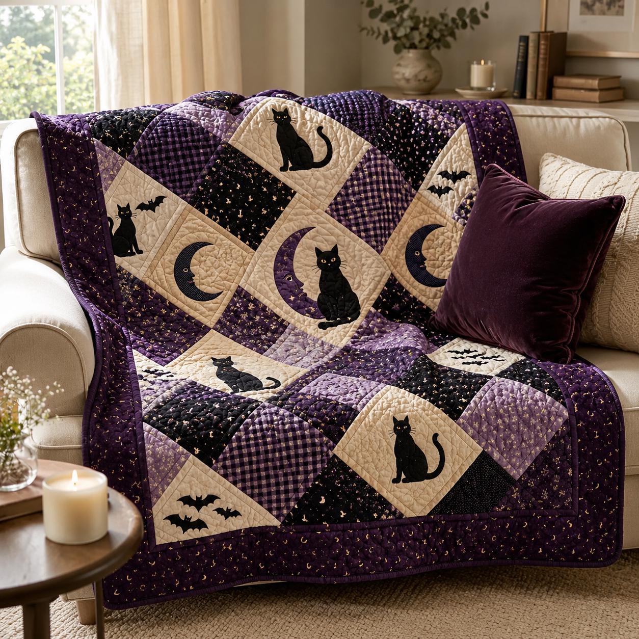 Blanket For Cozy Farmhouse Autumn Decor With Witchy Black Cat Throw And Vintage Gothic Fall Bedding Halloween Ghost Pumpkin Patchwork Quilted Style - photo 4