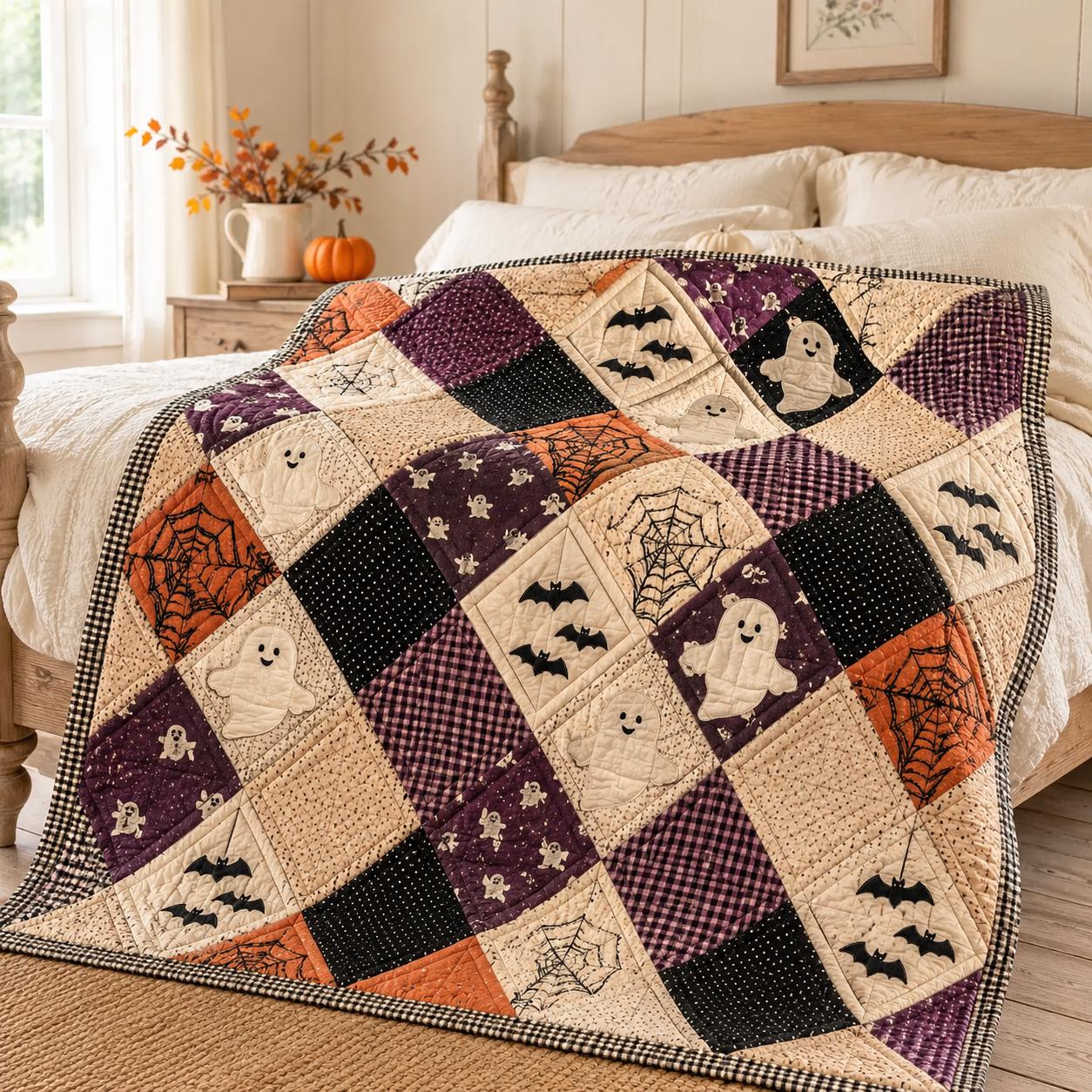 Pumpkin Ghost Quilted Style Blanket with Halloween Witch Hat Patchwork Throw for Cozy Autumn Sofa and Bed Decor