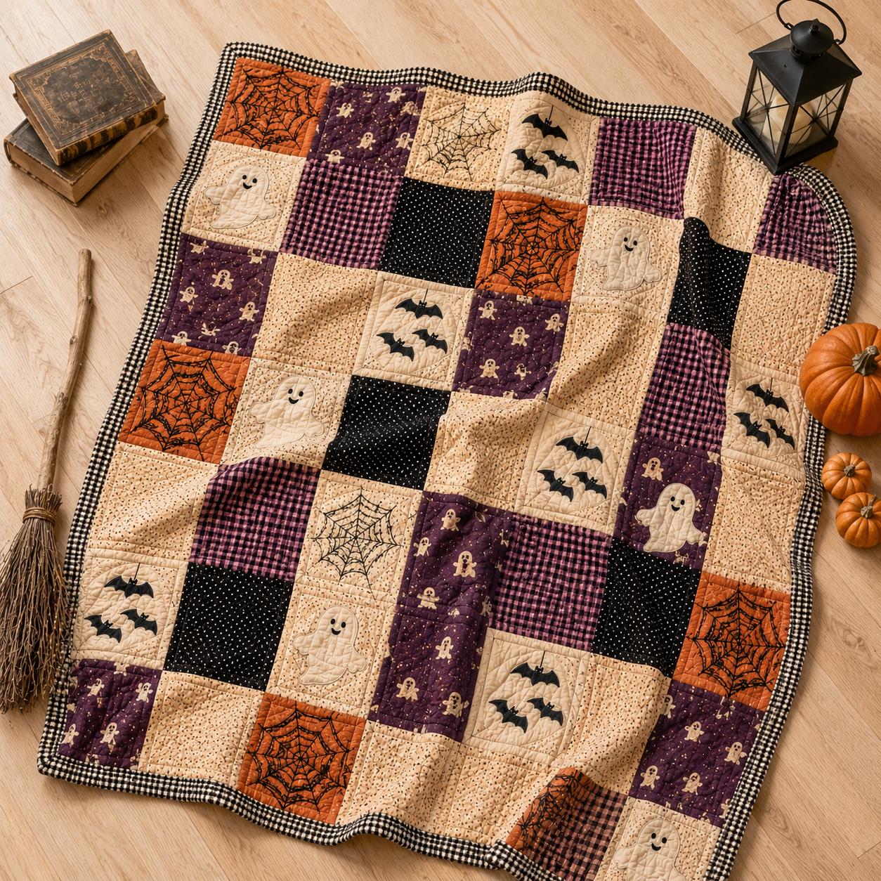 Pumpkin Ghost Quilted Style Blanket with Halloween Witch Hat Patchwork Throw for Cozy Autumn Sofa and Bed Decor - photo 2