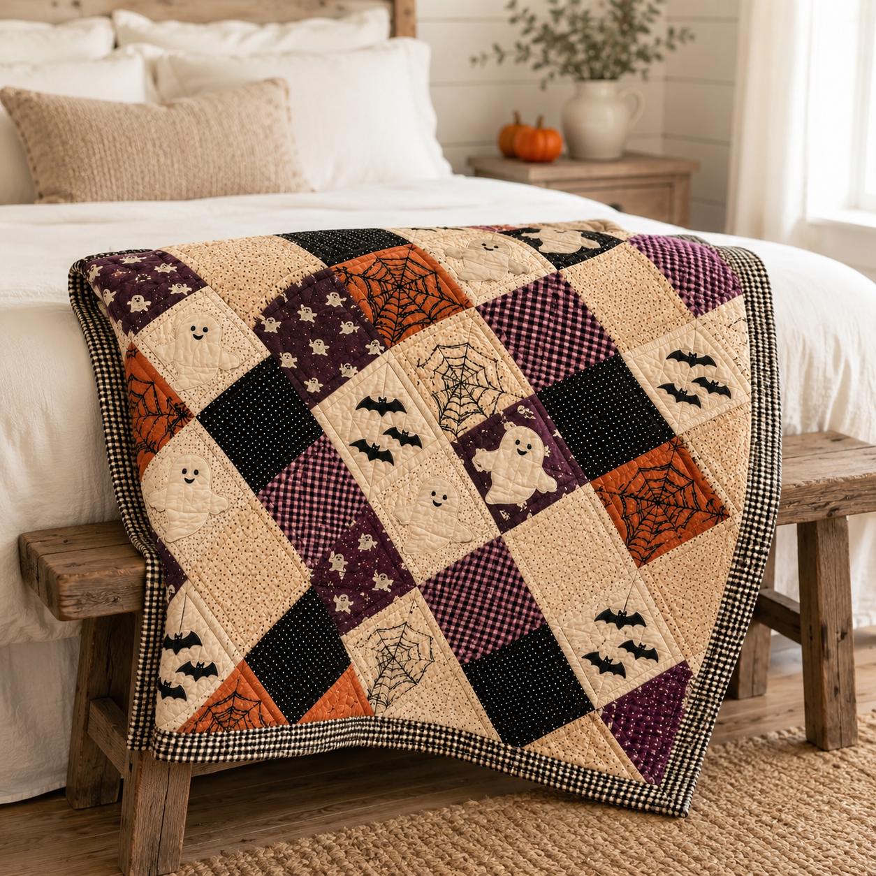Pumpkin Ghost Quilted Style Blanket with Halloween Witch Hat Patchwork Throw for Cozy Autumn Sofa and Bed Decor - photo 3
