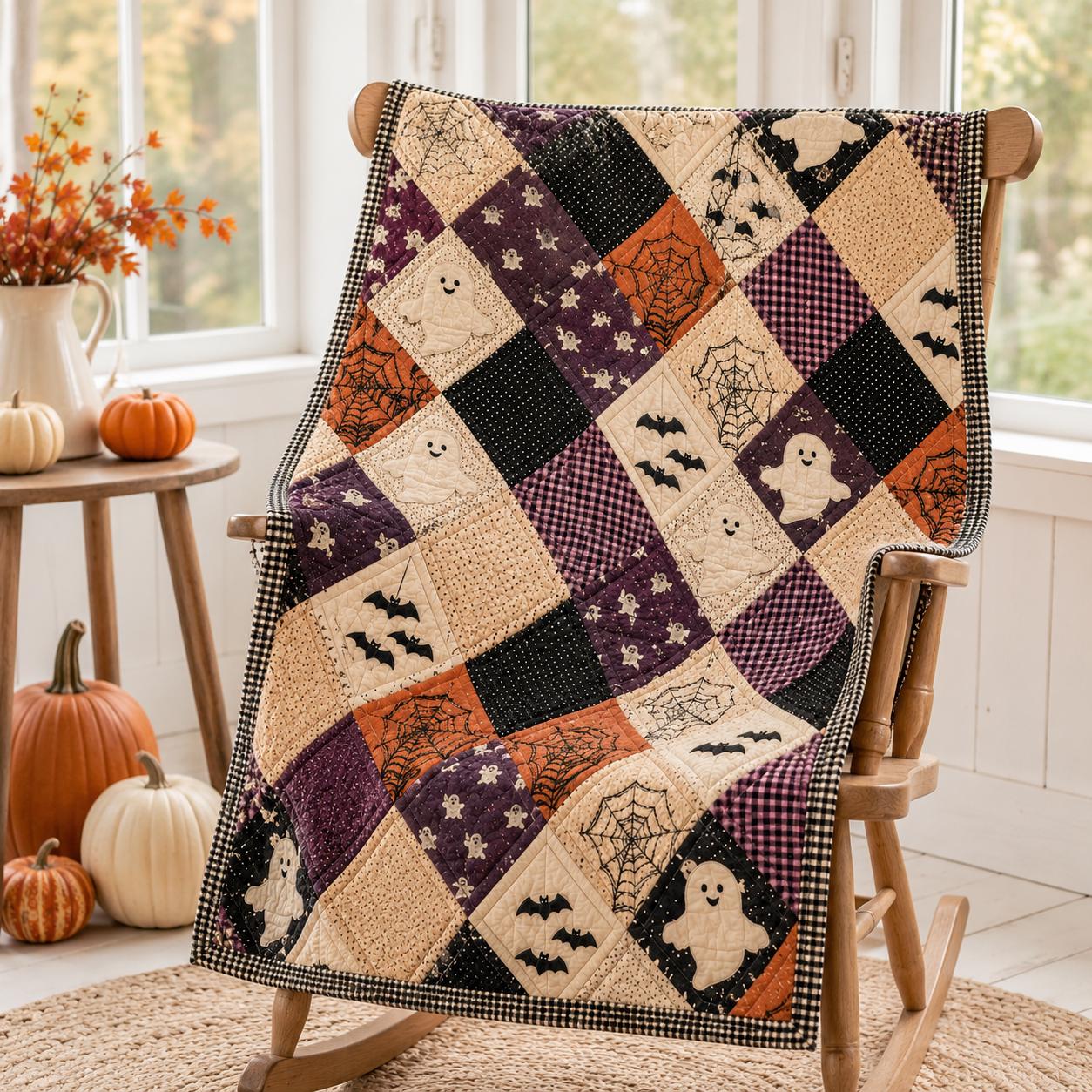 Pumpkin Ghost Quilted Style Blanket with Halloween Witch Hat Patchwork Throw for Cozy Autumn Sofa and Bed Decor - photo 4