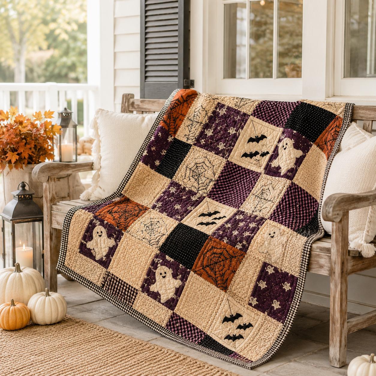Pumpkin Ghost Quilted Style Blanket with Halloween Witch Hat Patchwork Throw for Cozy Autumn Sofa and Bed Decor - photo 6