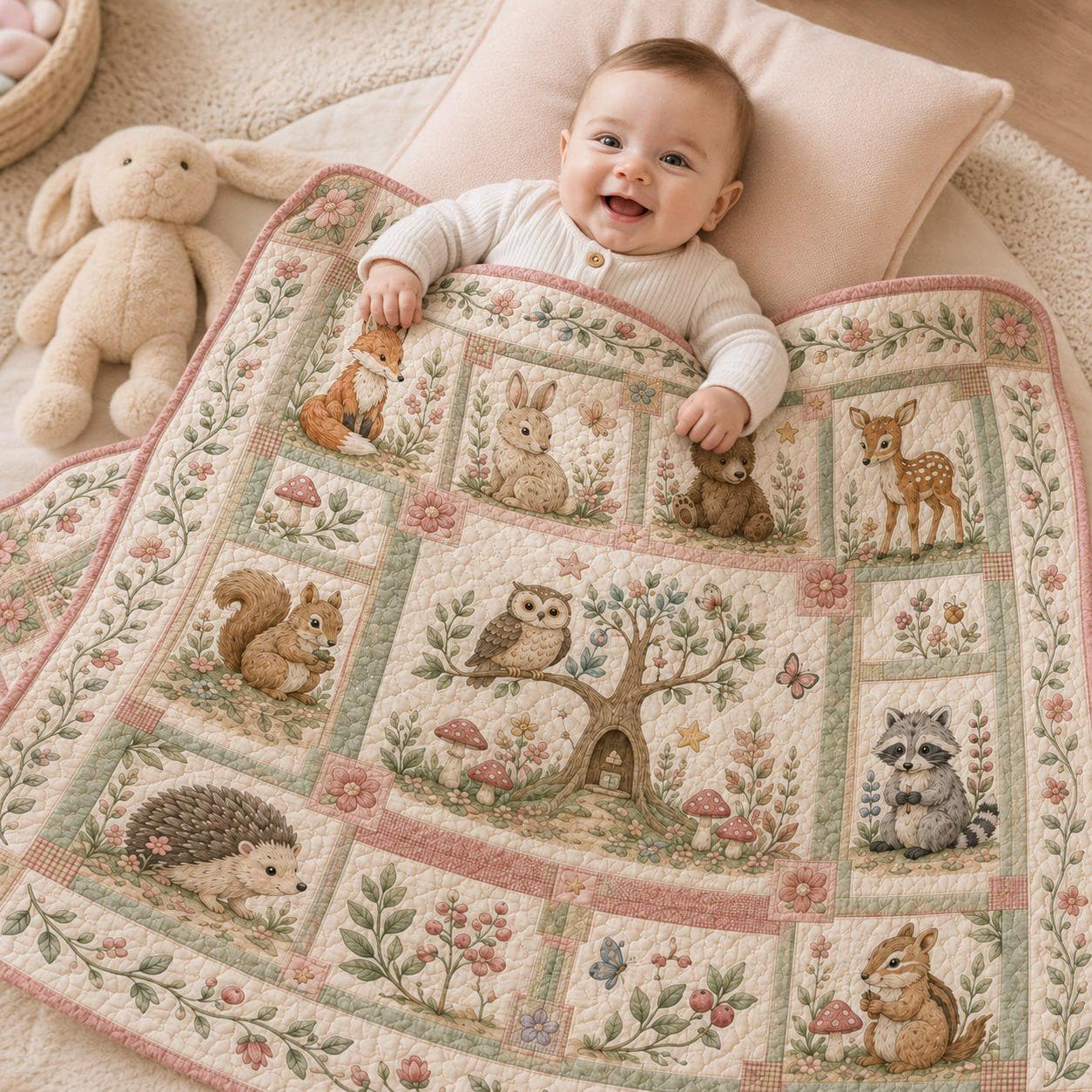 Woodland Animals Quilted Style Blanket – Forest Nursery Patchwork Bedspread and Fox Bunny Bear Deer Owl Raccoon Baby Shower Gift