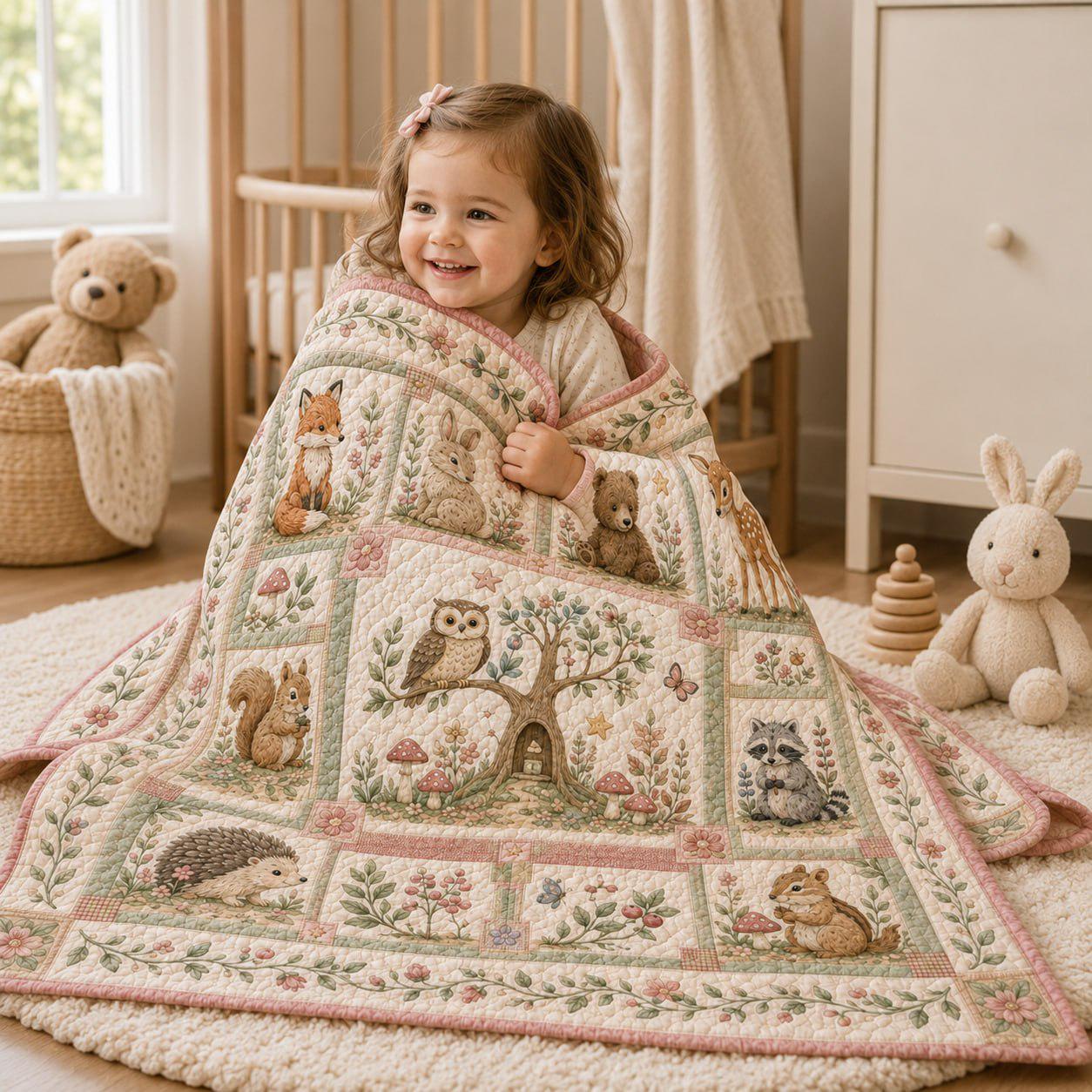 Woodland Animals Quilted Style Blanket – Forest Nursery Patchwork Bedspread and Fox Bunny Bear Deer Owl Raccoon Baby Shower Gift - photo 2