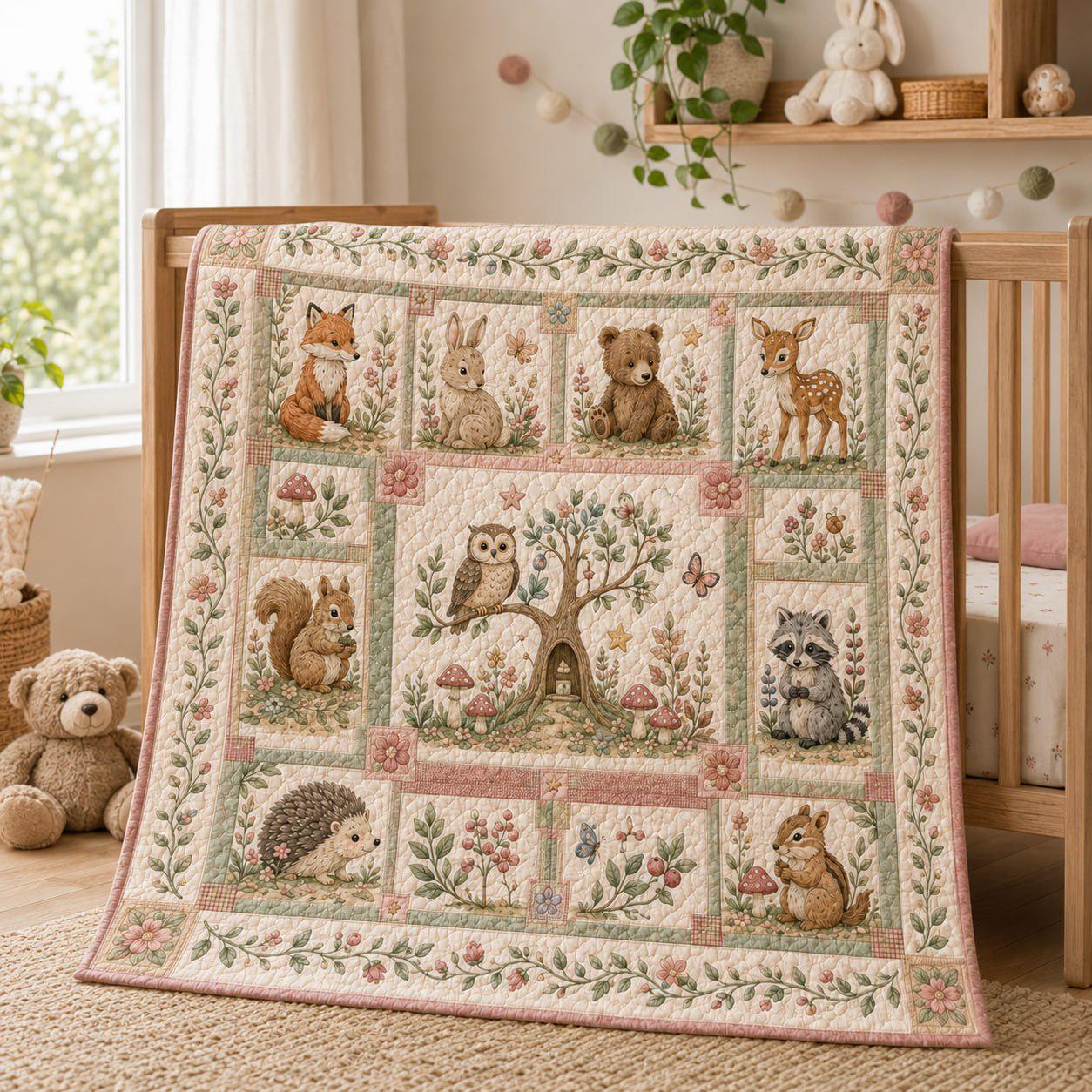 Woodland Animals Quilted Style Blanket – Forest Nursery Patchwork Bedspread and Fox Bunny Bear Deer Owl Raccoon Baby Shower Gift - photo 3