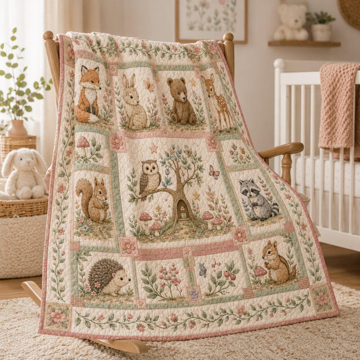 Woodland Animals Quilted Style Blanket – Forest Nursery Patchwork Bedspread and Fox Bunny Bear Deer Owl Raccoon Baby Shower Gift - photo 4
