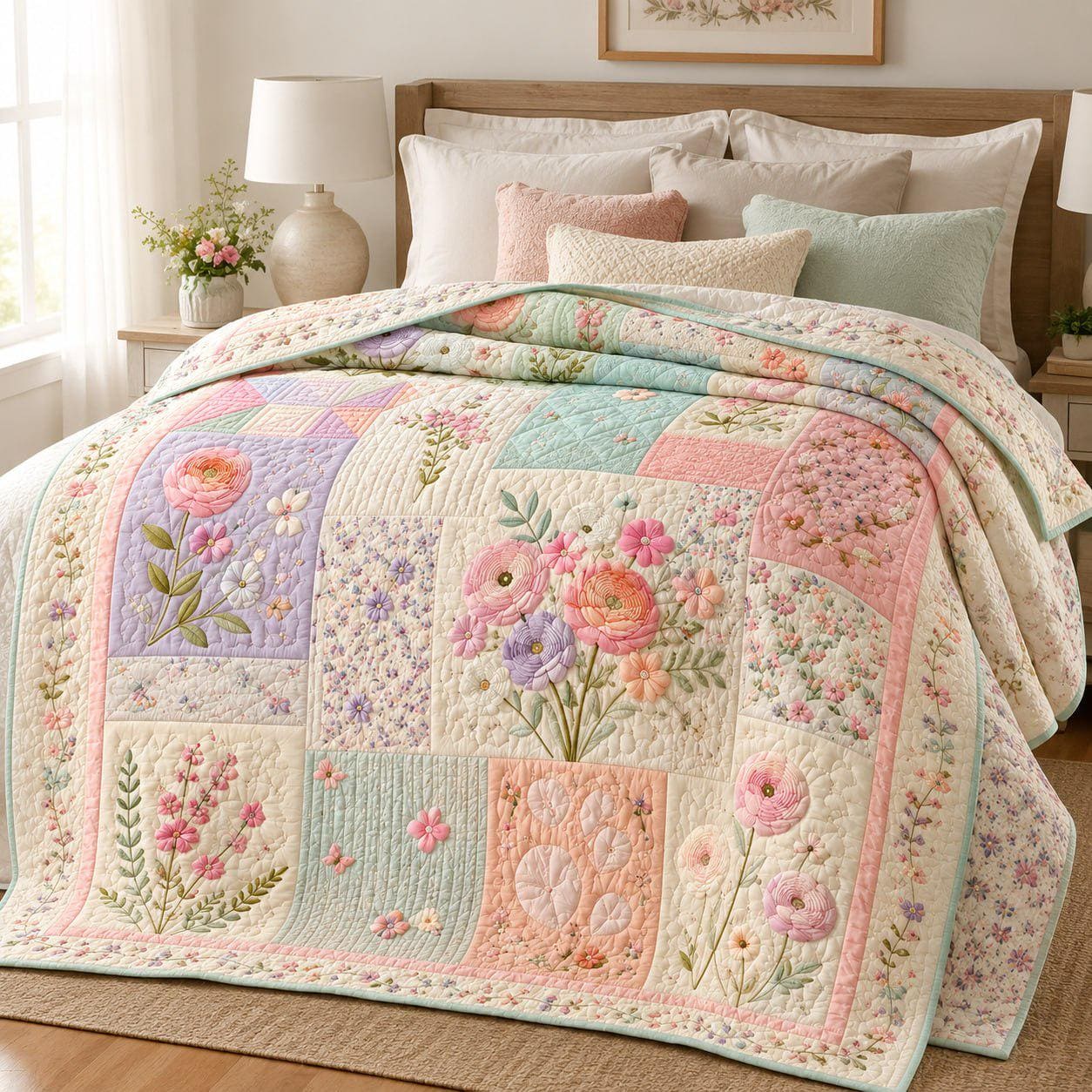 Pastel Floral Patchwork Style Blanket – Cottagecore Flower Bedspread and Pink Mint Garden Throw Blanket Cozy Farmhouse Bedding Gift