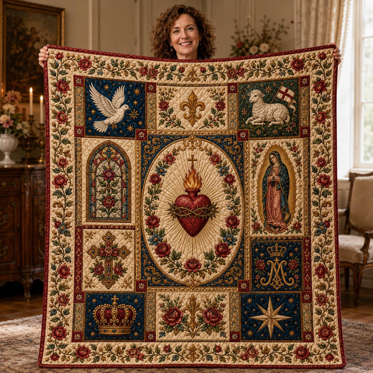 Catholic Sacred Heart Quilted Style Blanket – Virgin Mary Cross Lamb Floral Throw and Religious Prayer Room Decor Christian Gift