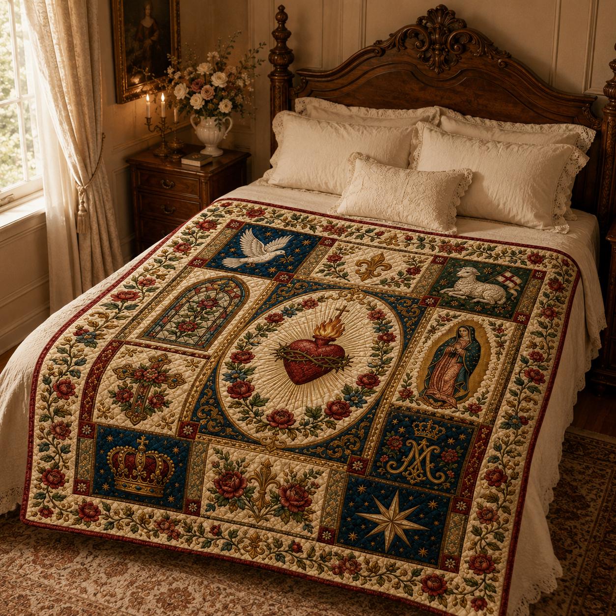Catholic Sacred Heart Quilted Style Blanket – Virgin Mary Cross Lamb Floral Throw and Religious Prayer Room Decor Christian Gift - photo 2