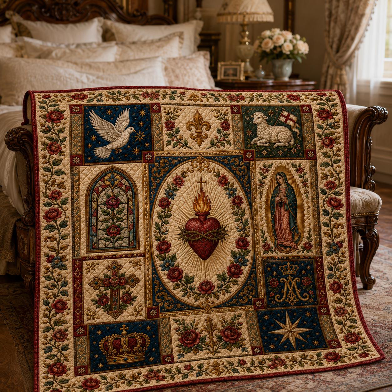 Catholic Sacred Heart Quilted Style Blanket – Virgin Mary Cross Lamb Floral Throw and Religious Prayer Room Decor Christian Gift - photo 3