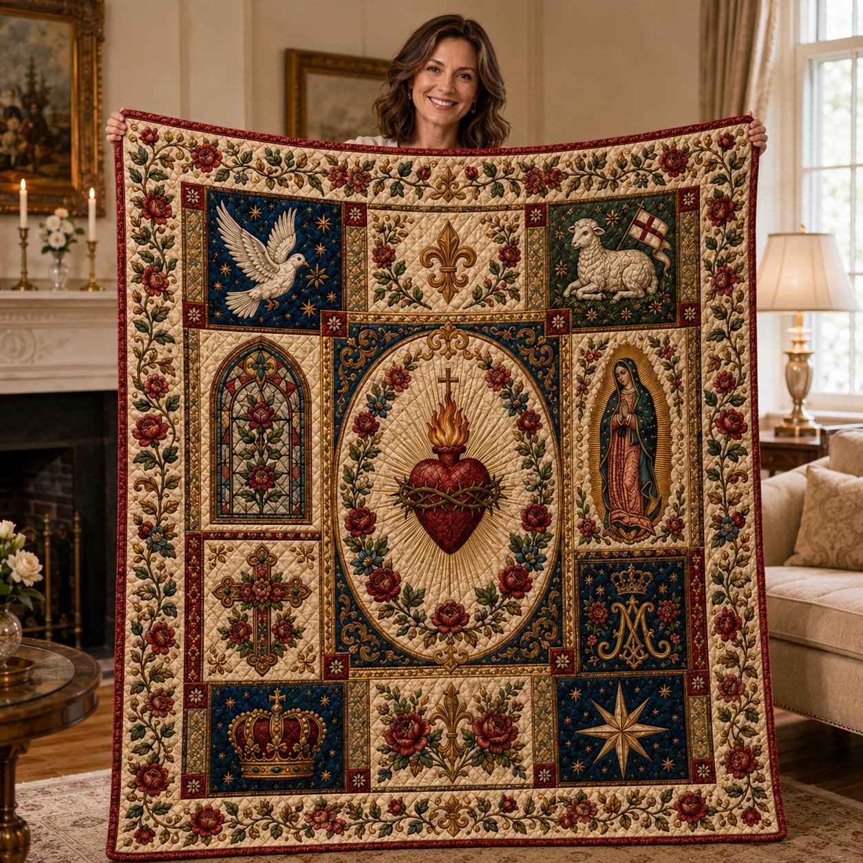 Catholic Sacred Heart Quilted Style Blanket – Virgin Mary Cross Lamb Floral Throw and Religious Prayer Room Decor Christian Gift - photo 5