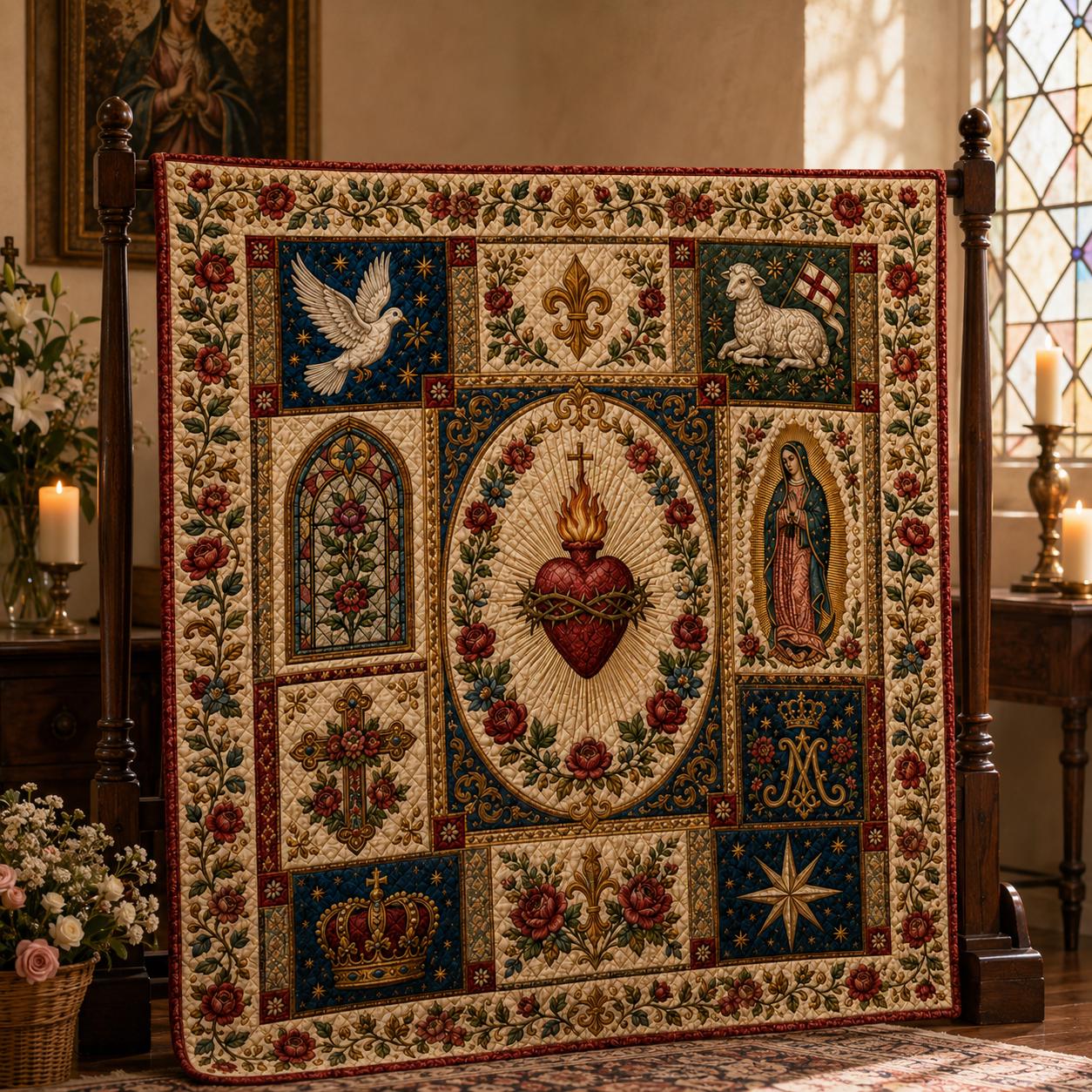 Catholic Sacred Heart Quilted Style Blanket – Virgin Mary Cross Lamb Floral Throw and Religious Prayer Room Decor Christian Gift - photo 6