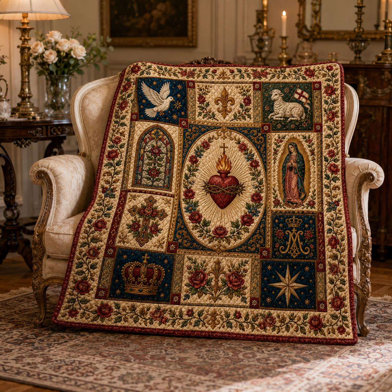 Catholic Sacred Heart Quilted Style Blanket – Virgin Mary Cross Lamb Floral Throw and Religious Prayer Room Decor Christian Gift - photo 7