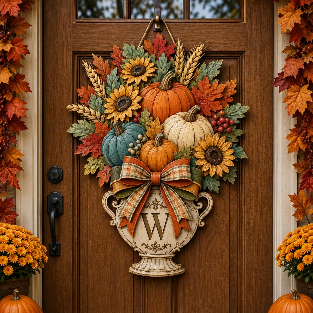 Personalized Fall Door Hanger and Autumn Porch Sign with Pumpkin, Sunflower, Monogram, Wreath, Custom Family Name Decor Gift