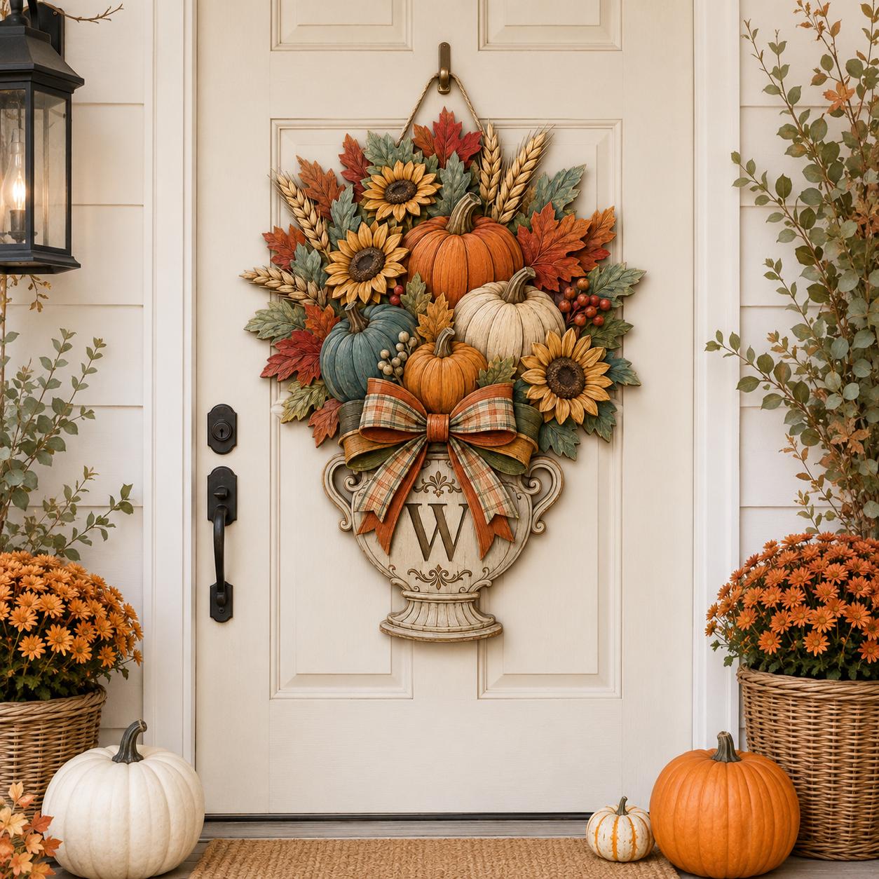 Personalized Fall Door Hanger and Autumn Porch Sign with Pumpkin, Sunflower, Monogram, Wreath, Custom Family Name Decor Gift - photo 2