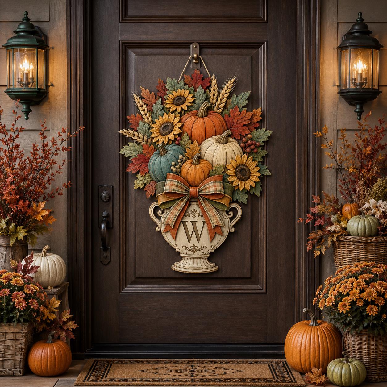 Personalized Fall Door Hanger and Autumn Porch Sign with Pumpkin, Sunflower, Monogram, Wreath, Custom Family Name Decor Gift - photo 3