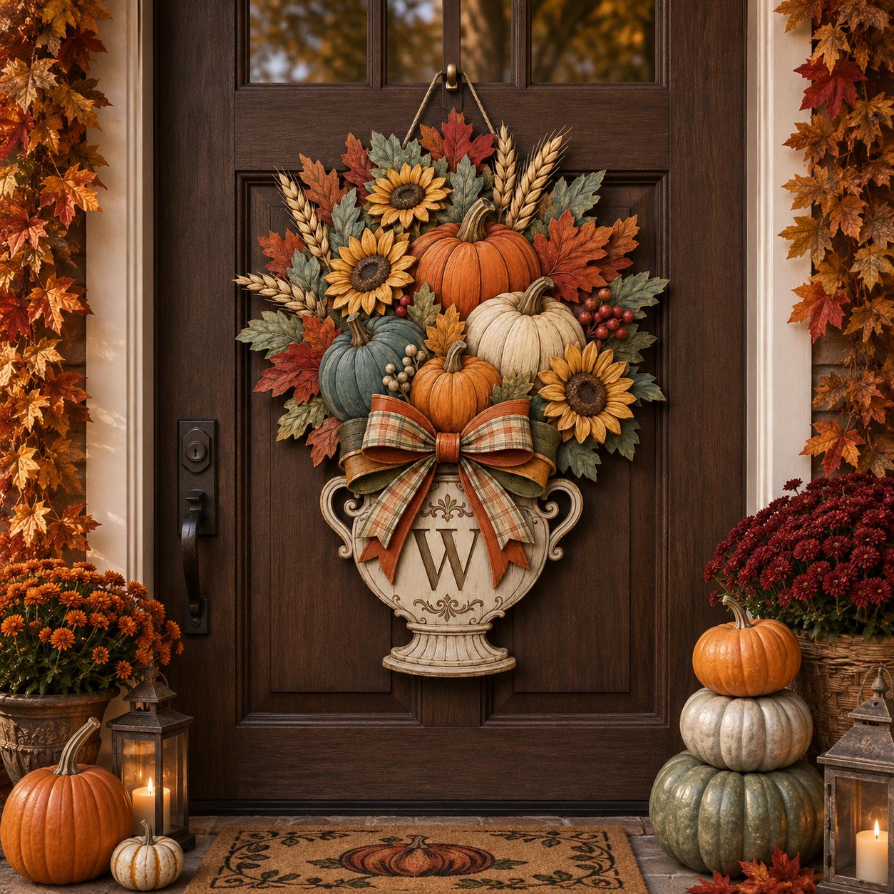 Personalized Fall Door Hanger and Autumn Porch Sign with Pumpkin, Sunflower, Monogram, Wreath, Custom Family Name Decor Gift - photo 4