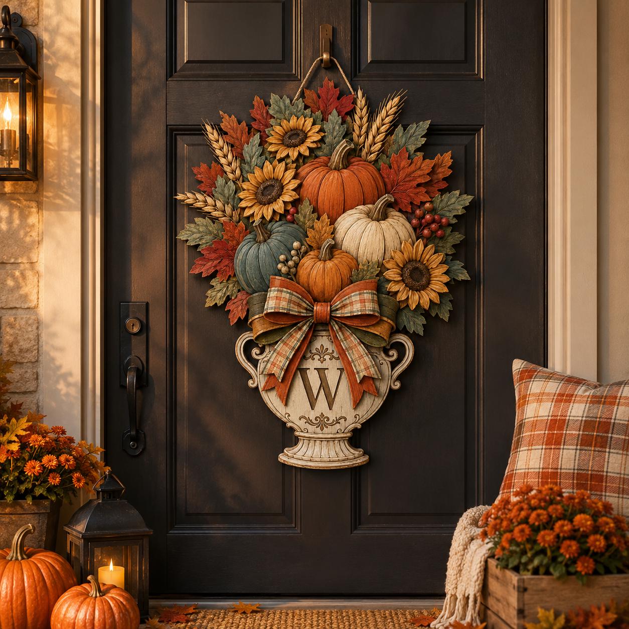 Personalized Fall Door Hanger and Autumn Porch Sign with Pumpkin, Sunflower, Monogram, Wreath, Custom Family Name Decor Gift - photo 5
