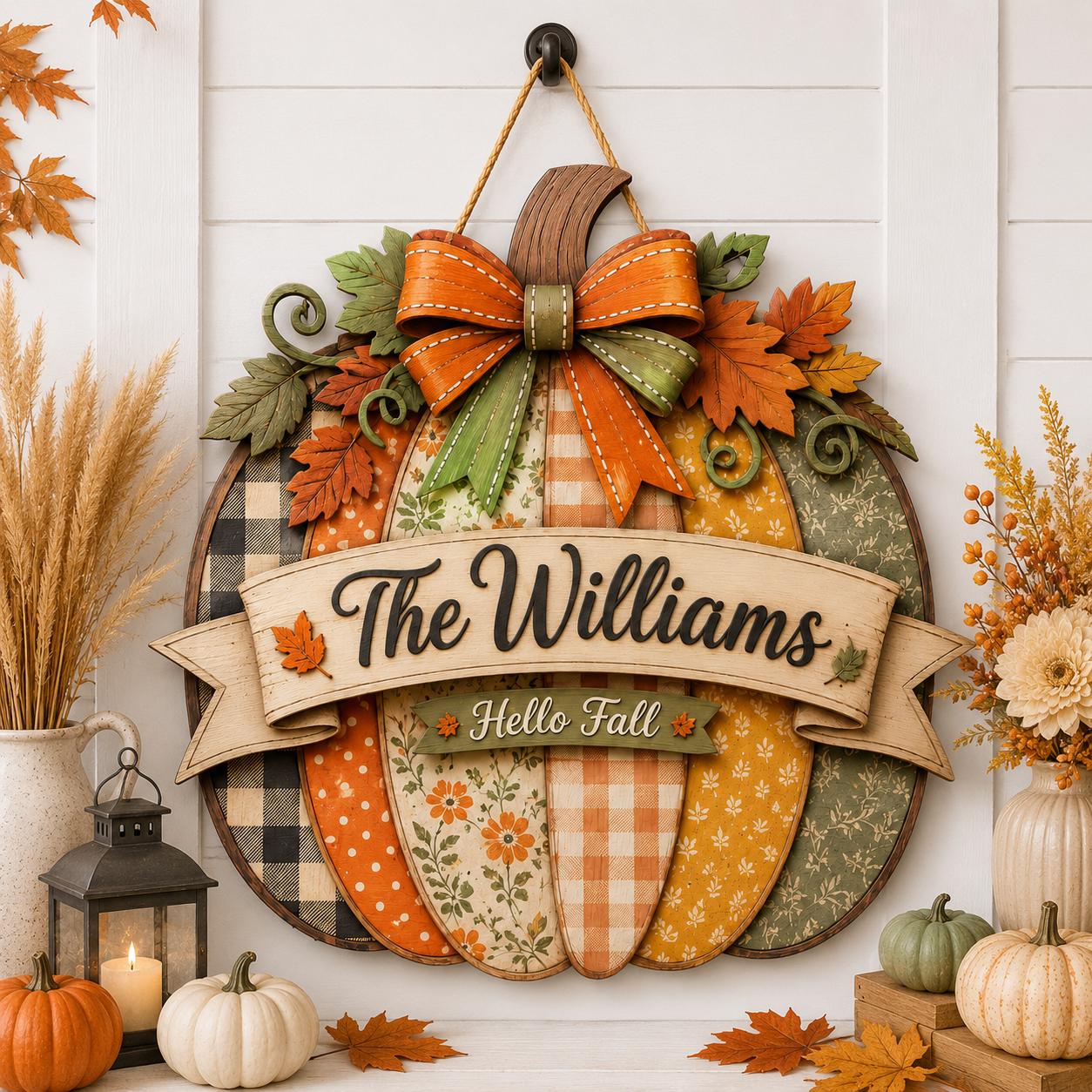 Personalized Fall Door Hanger and Autumn Porch Sign with Pumpkin, Sunflower, Monogram, Wreath, Custom Family Name Decor Gift