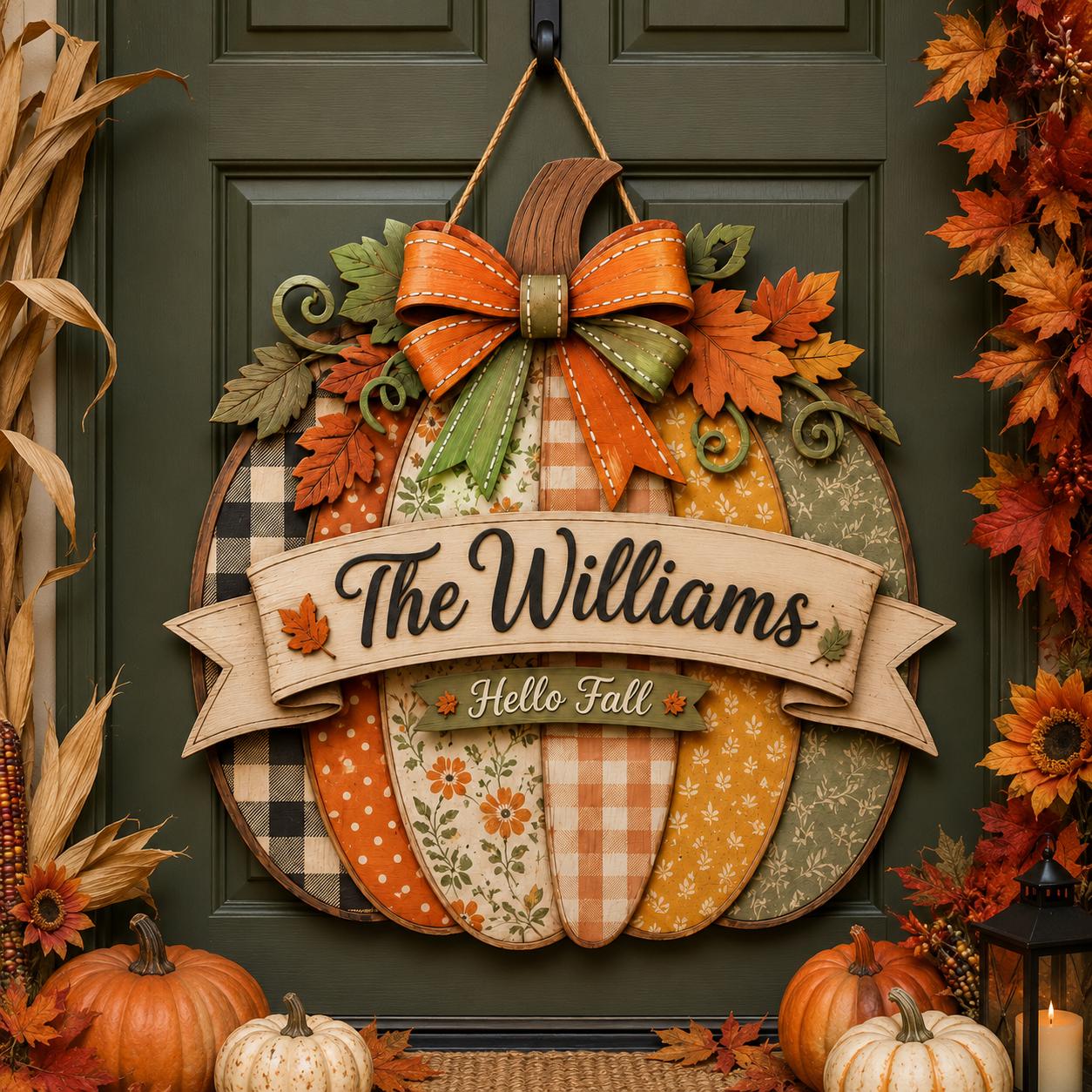 Personalized Fall Door Hanger and Autumn Porch Sign with Pumpkin, Sunflower, Monogram, Wreath, Custom Family Name Decor Gift - photo 2