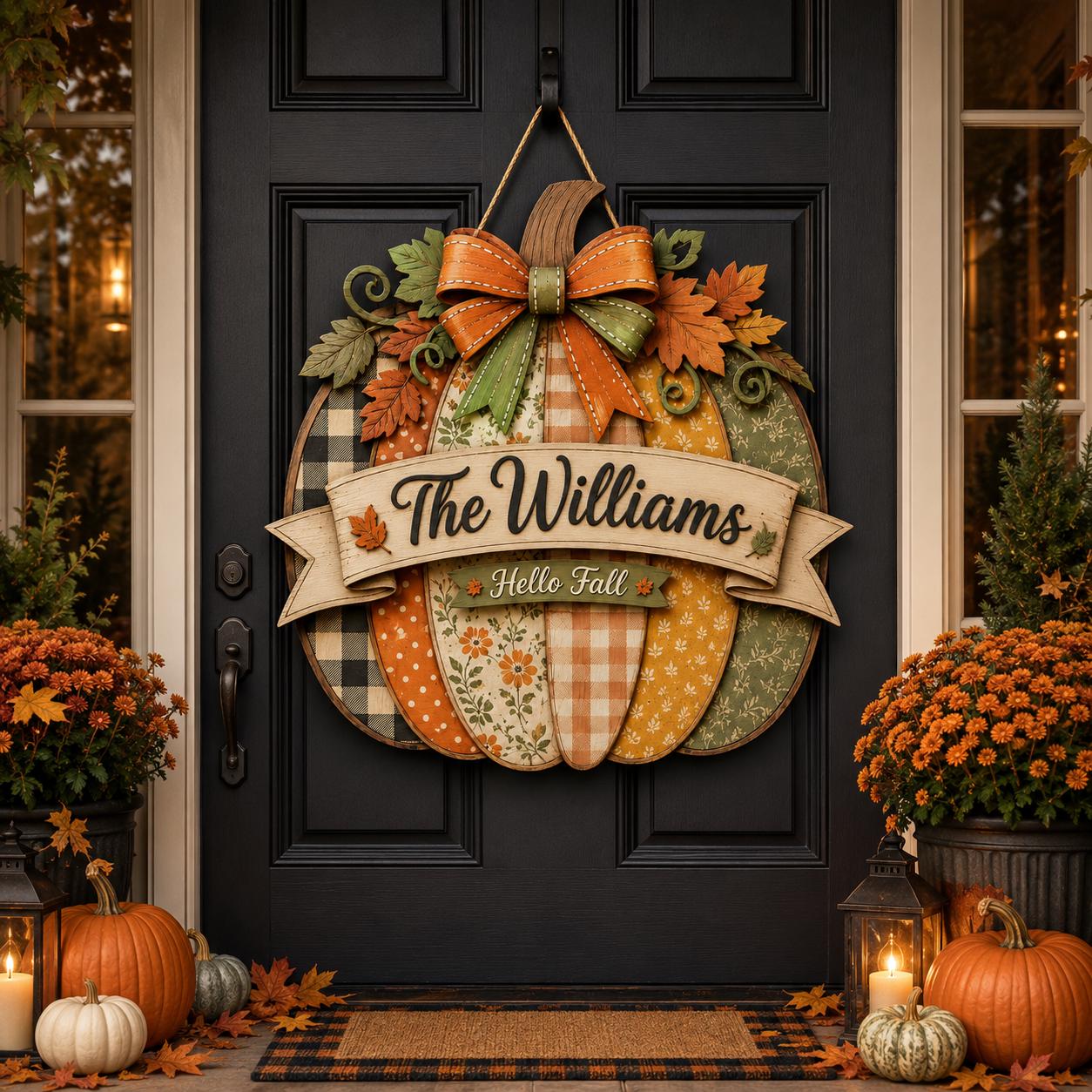 Personalized Fall Door Hanger and Autumn Porch Sign with Pumpkin, Sunflower, Monogram, Wreath, Custom Family Name Decor Gift - photo 3