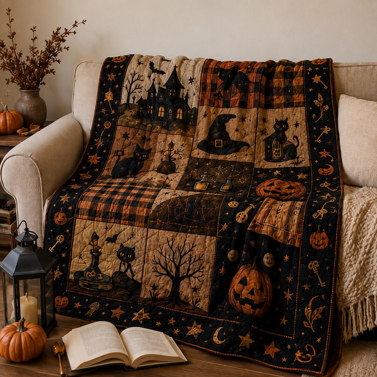 Vintage Halloween Quilted Style Blanket – Ghost Pumpkin Black Cat Patchwork Throw for Cozy Autumn Bedding and Spooky Season Farmhouse Decor